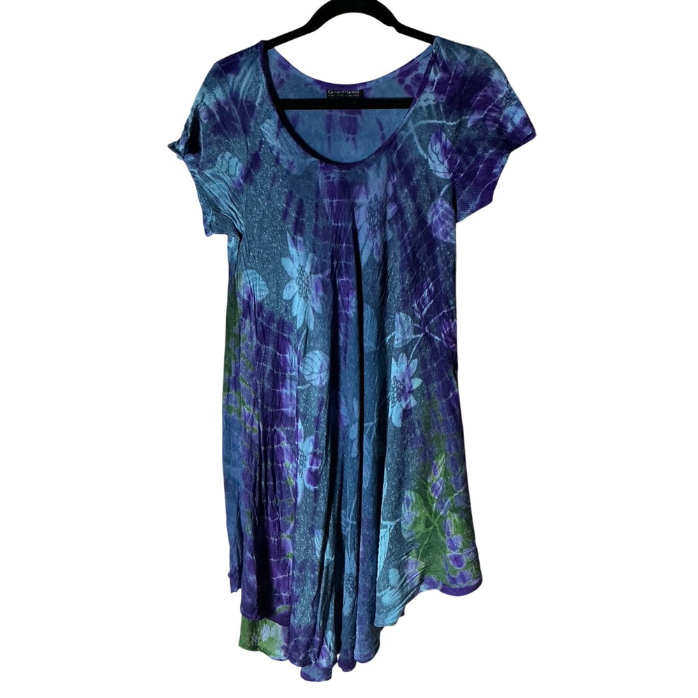 GreaterGood Boho Floral Tie Dye Tunic Dress Womens OS Blue Purple Viscose Flowy